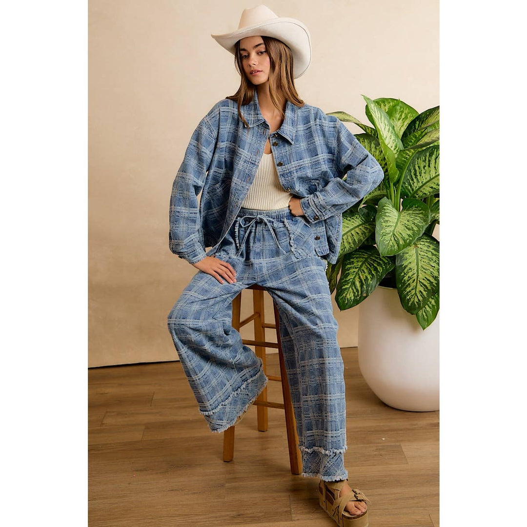 BiBi | Washed Plaid Patterned Denim Jacket With oversized Pockets