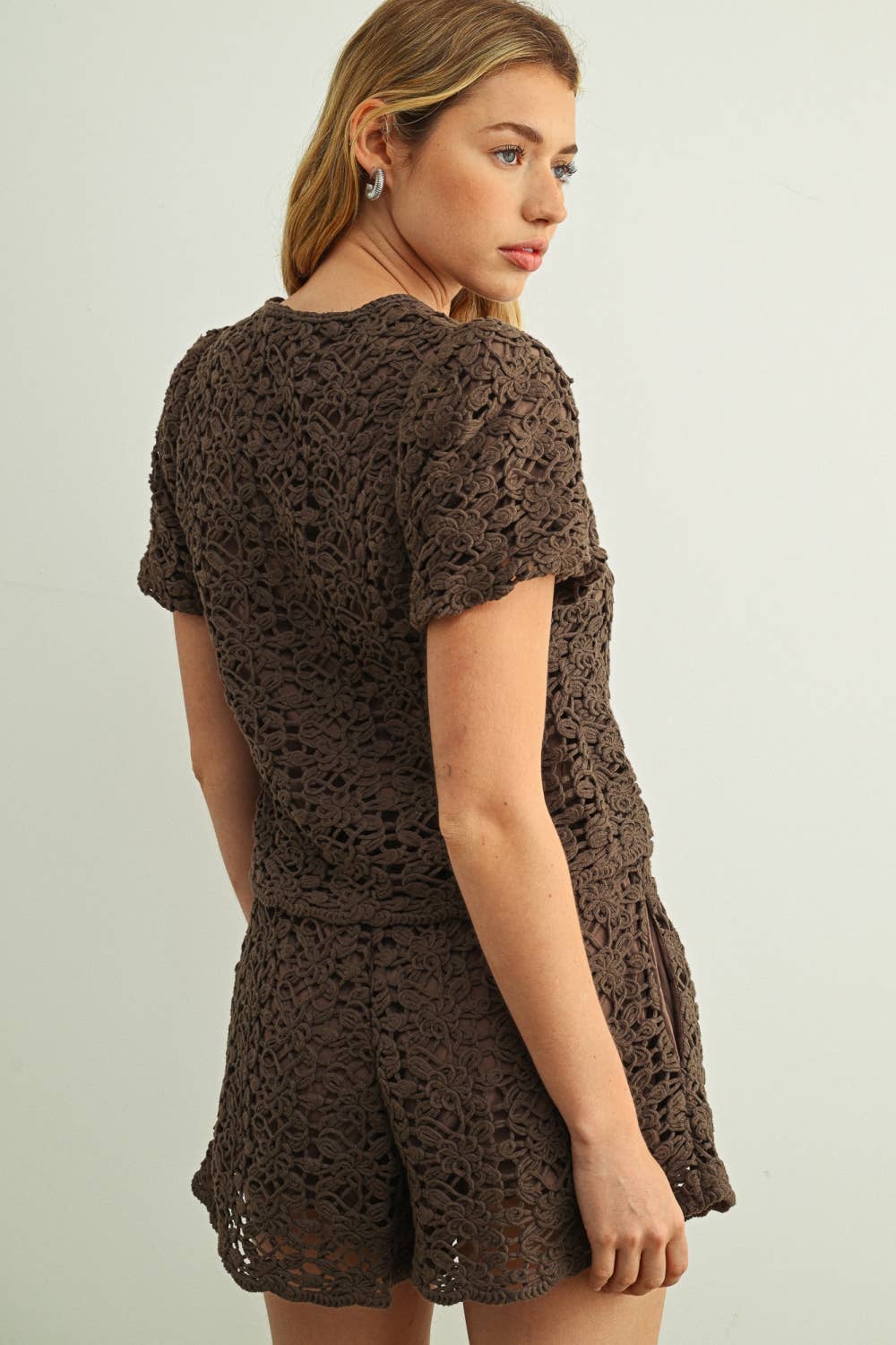 Miou Muse | Crochet Short Sleeve Button Front Top