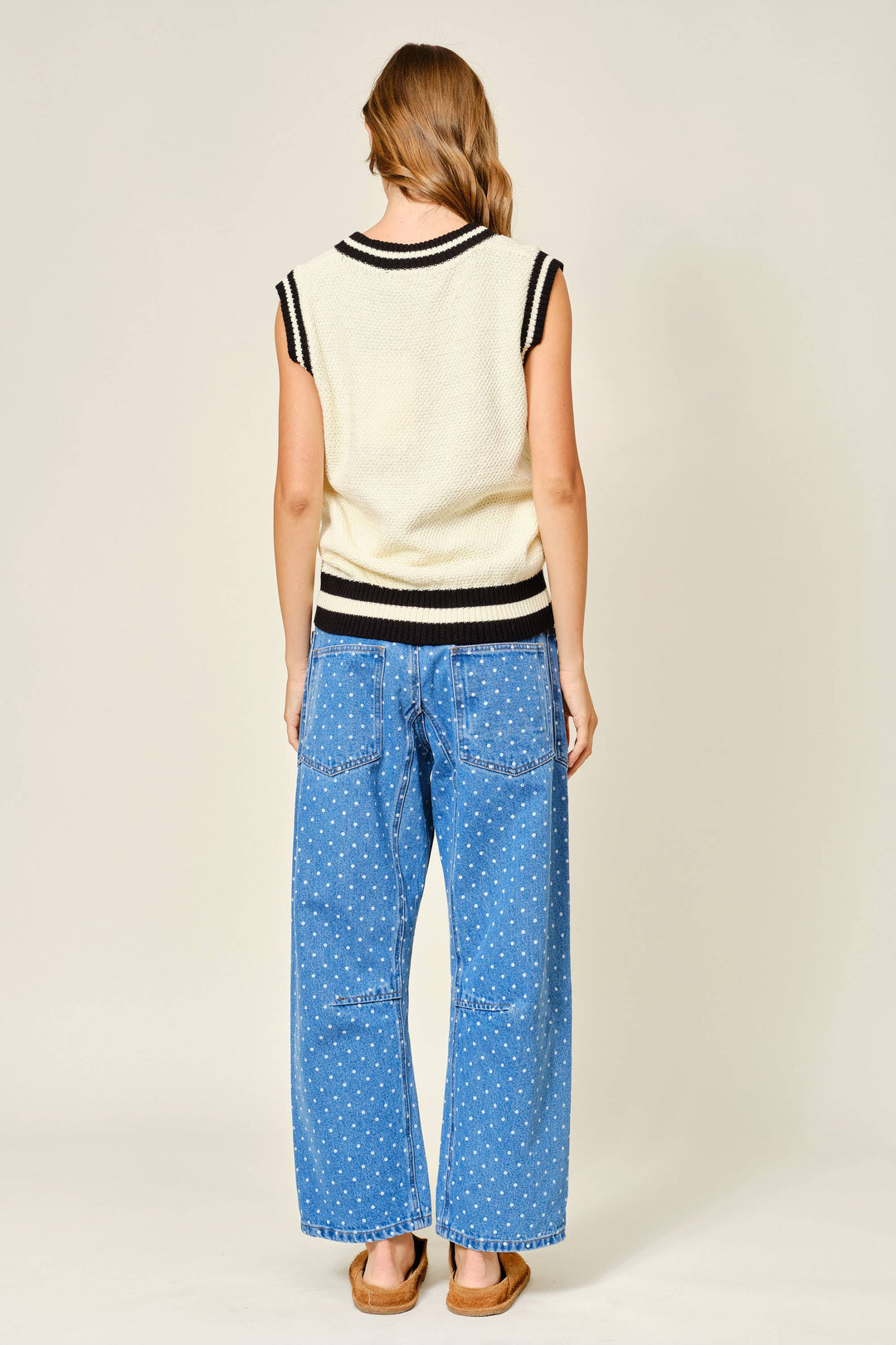 Aaron and Amber | Polka Dot Denim Barrel Pants