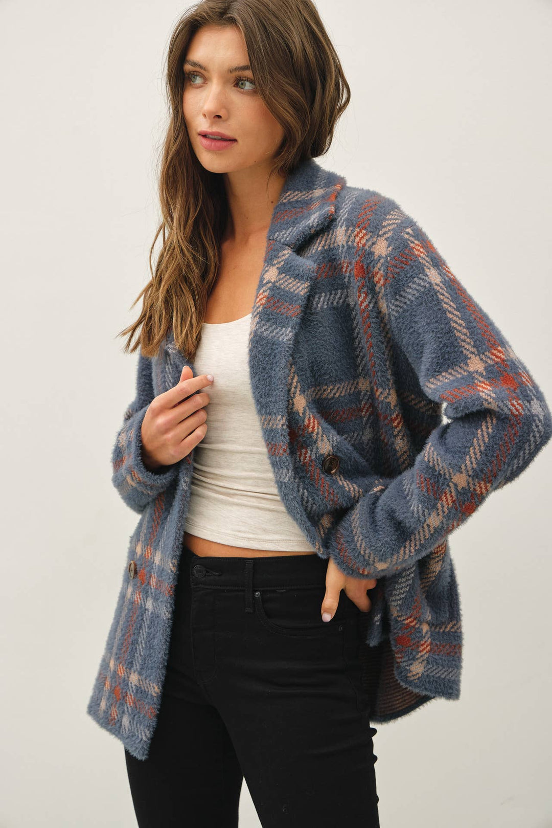 Be Cool | Fuzzy Plaid Double Button Jacket