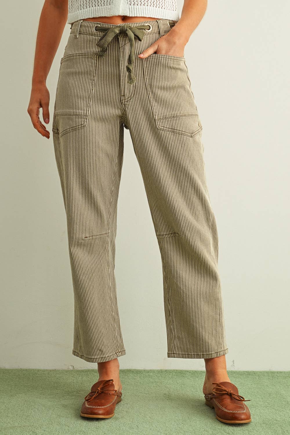 Miou Muse | Striped Pattern Washed Barrel Pants With Tie Belt