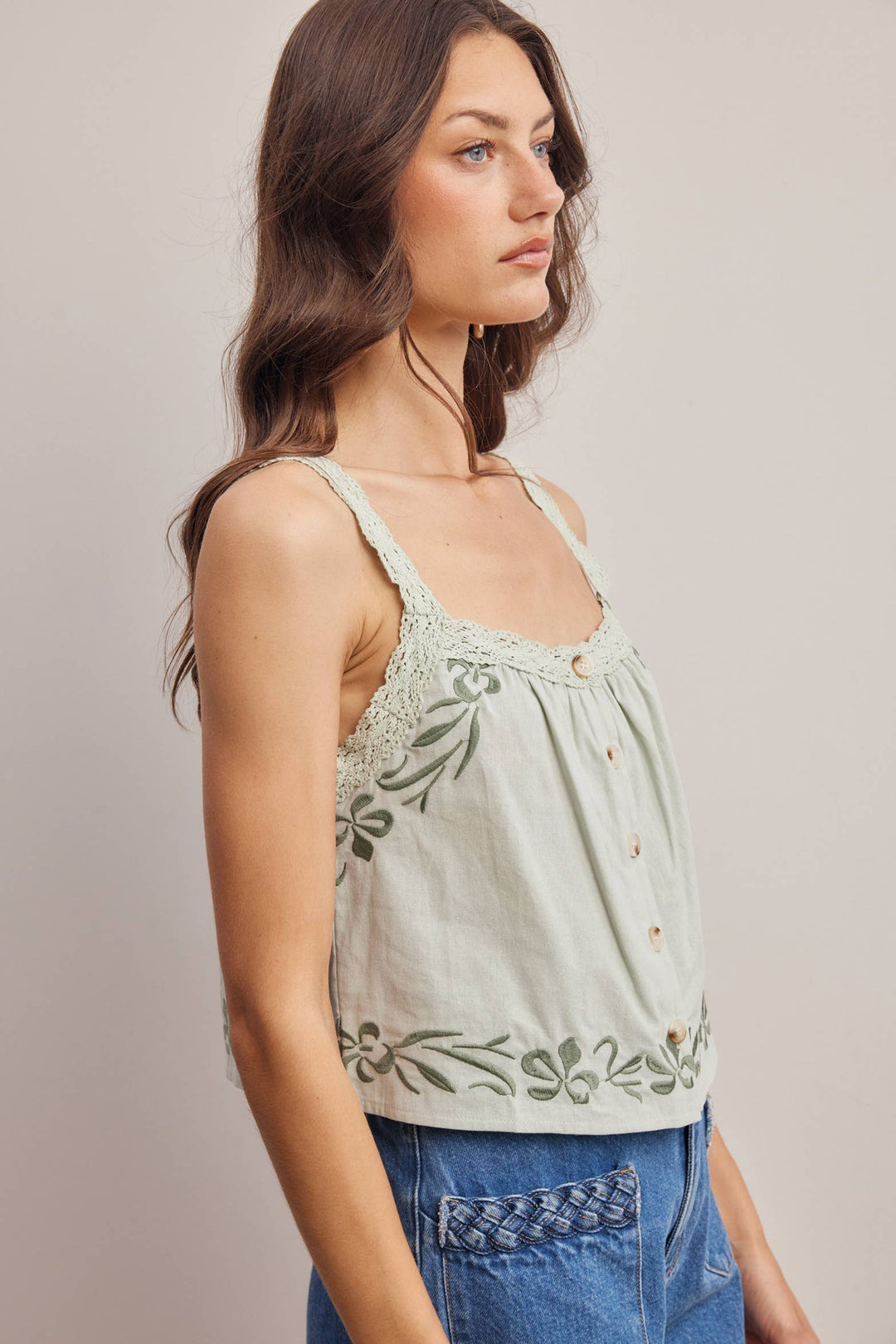 Forte | Embroidered Lace Trim Button Front Tank Top
