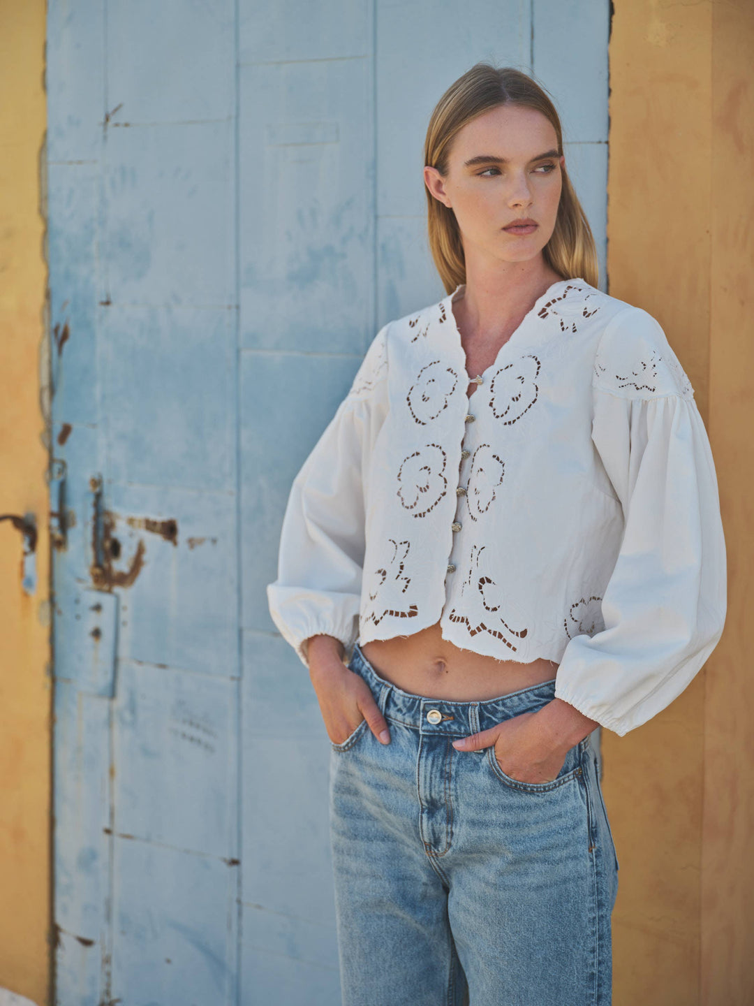 Aaron and Amber | Denim Embroidery Puff Sleeve Blouse