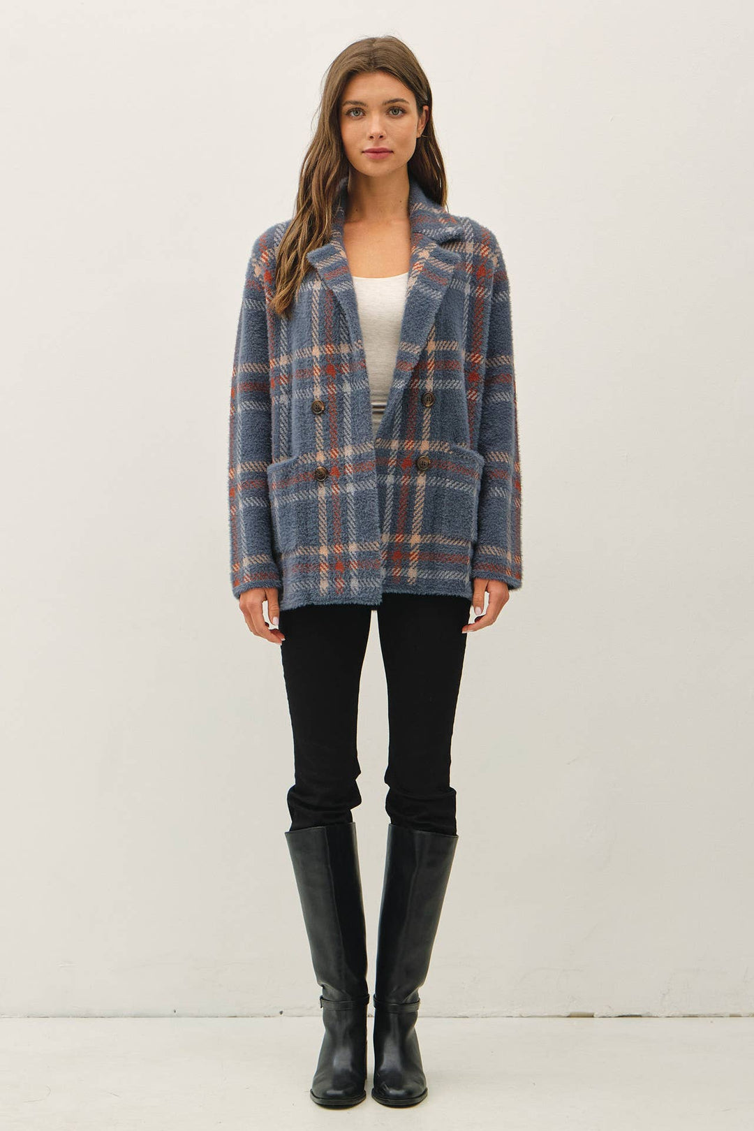 Be Cool | Fuzzy Plaid Double Button Jacket