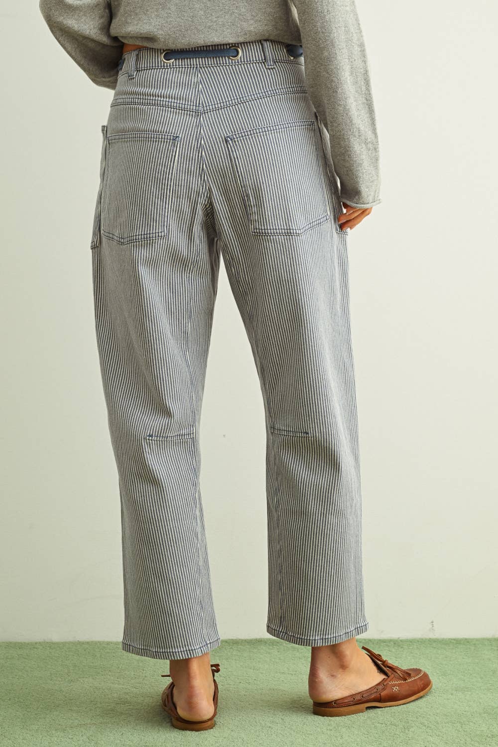 Miou Muse | Striped Pattern Washed Barrel Pants With Tie Belt