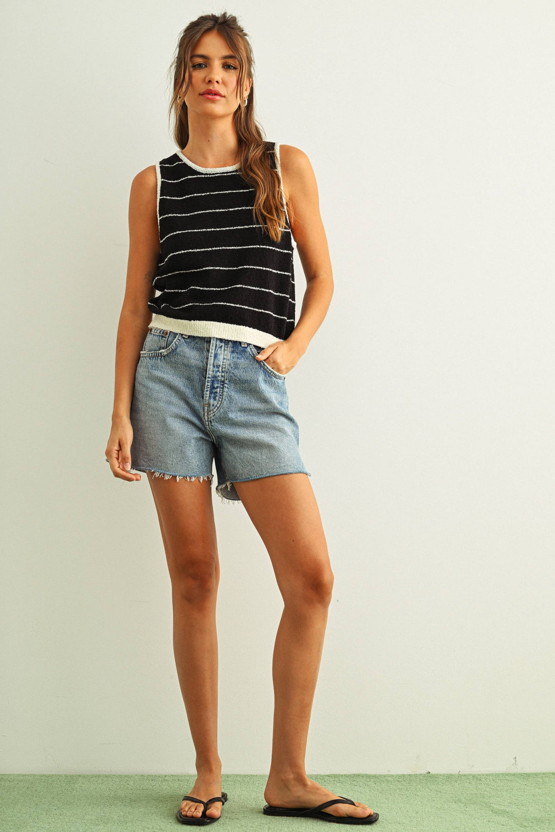 Miou Muse | Short Sleeve Wide Pinstripe Knitted Tank