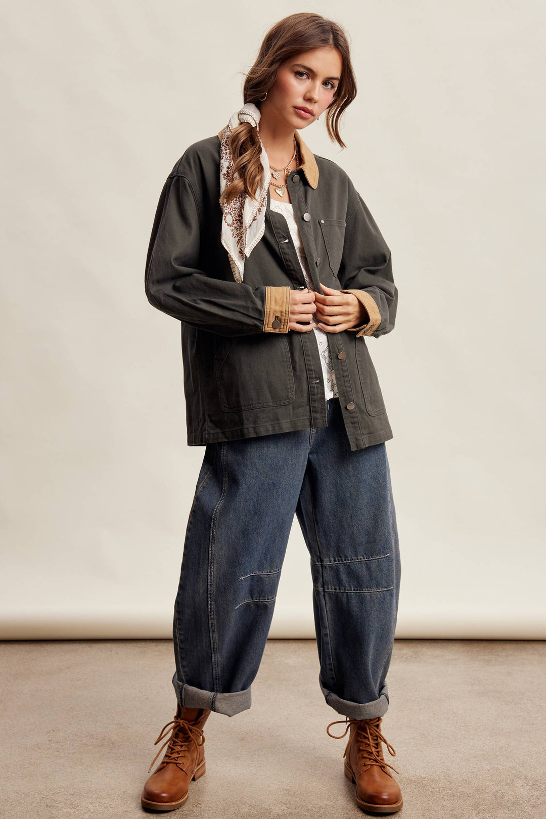 Listicle | Contrast Collar Utility Barn Jacket LJ0271