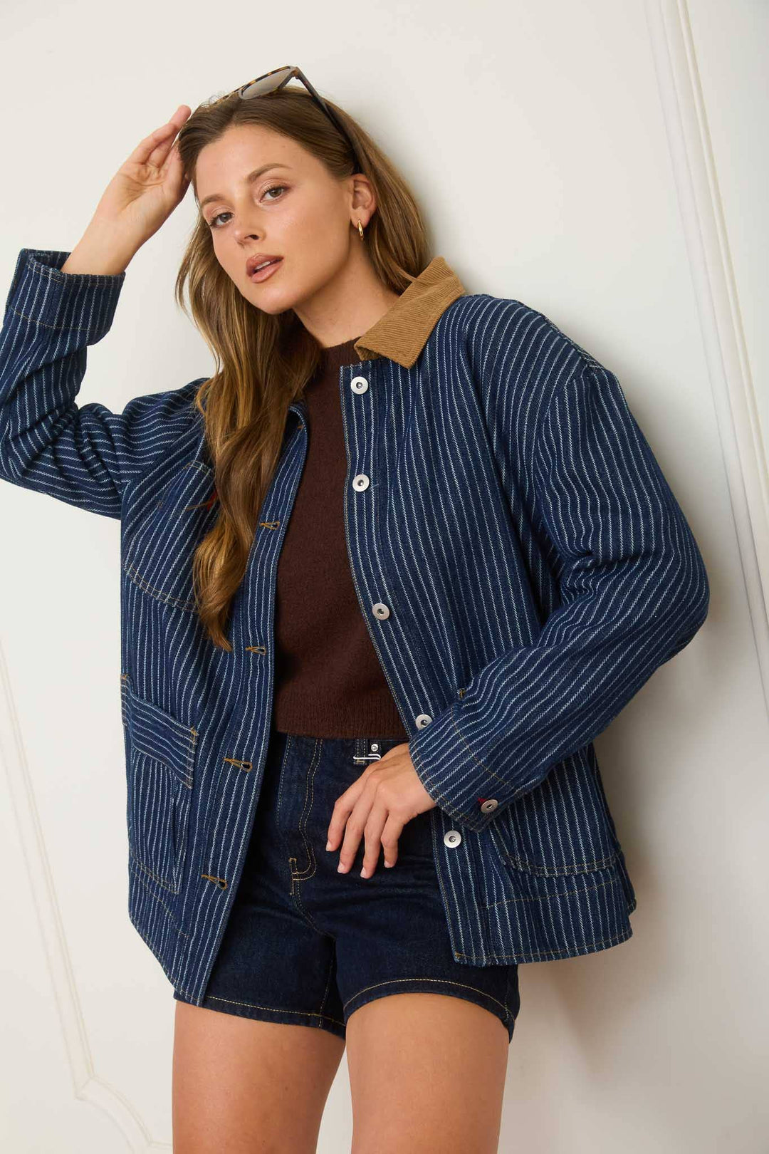 Blu Pepper | Stripe Corduroy Collar Denim Shacket