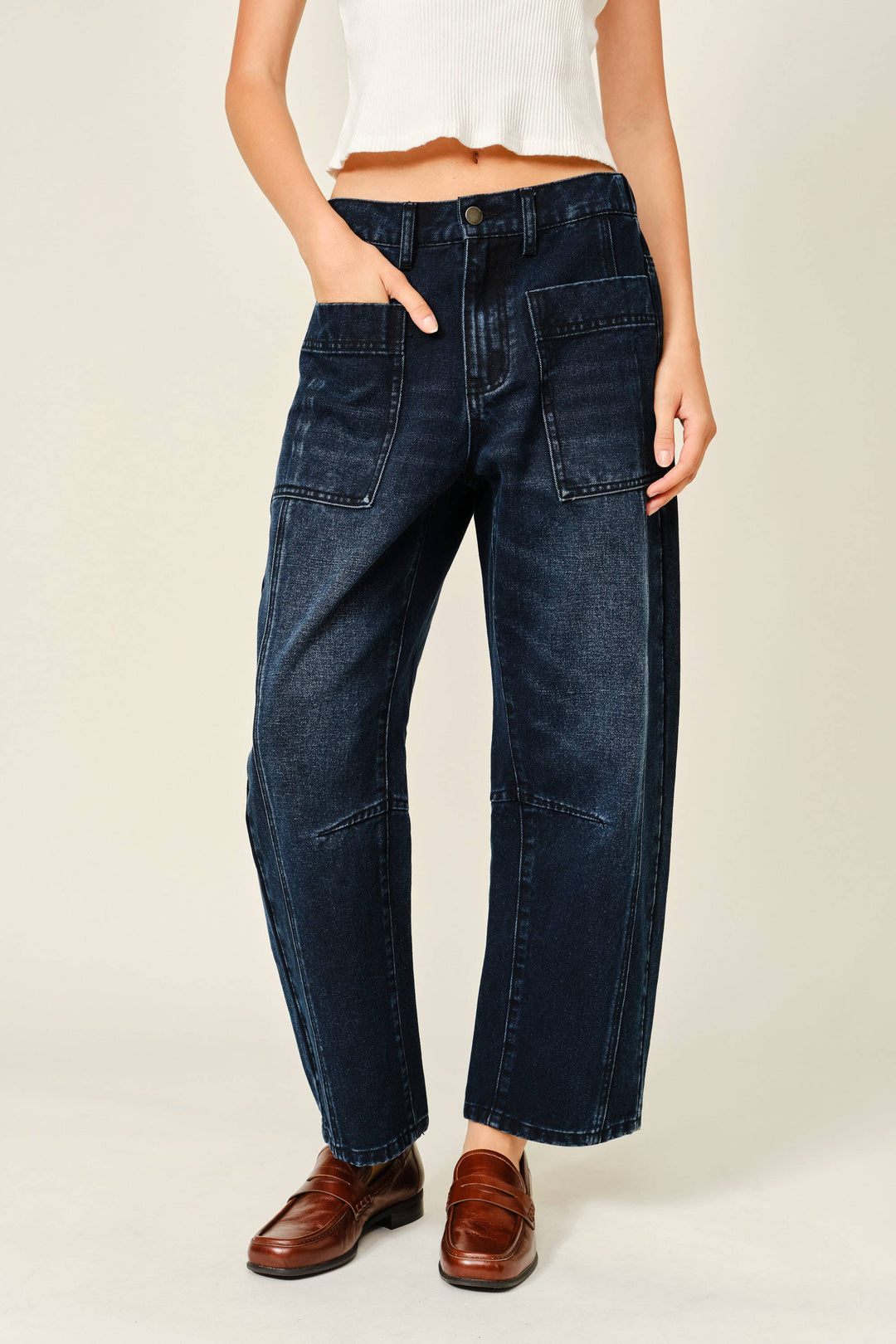 Aaron and Amber | Dark Wash Barrel Jeans