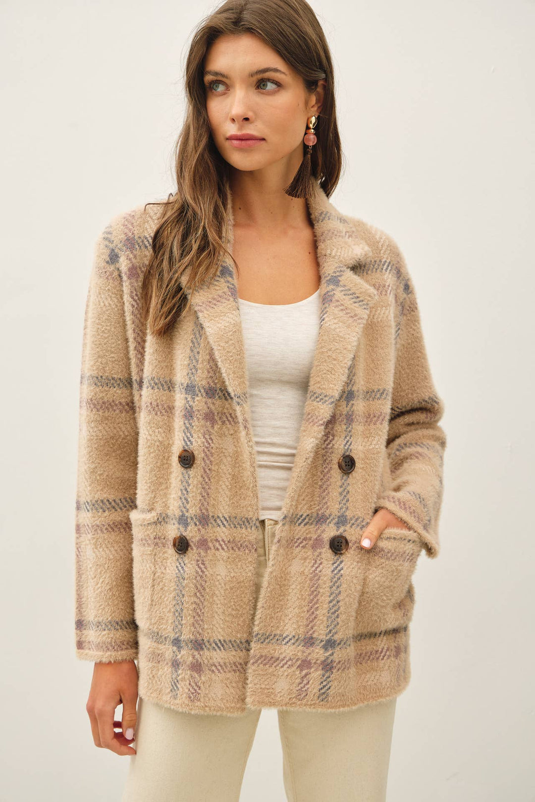 Be Cool | Fuzzy Plaid Double Button Jacket