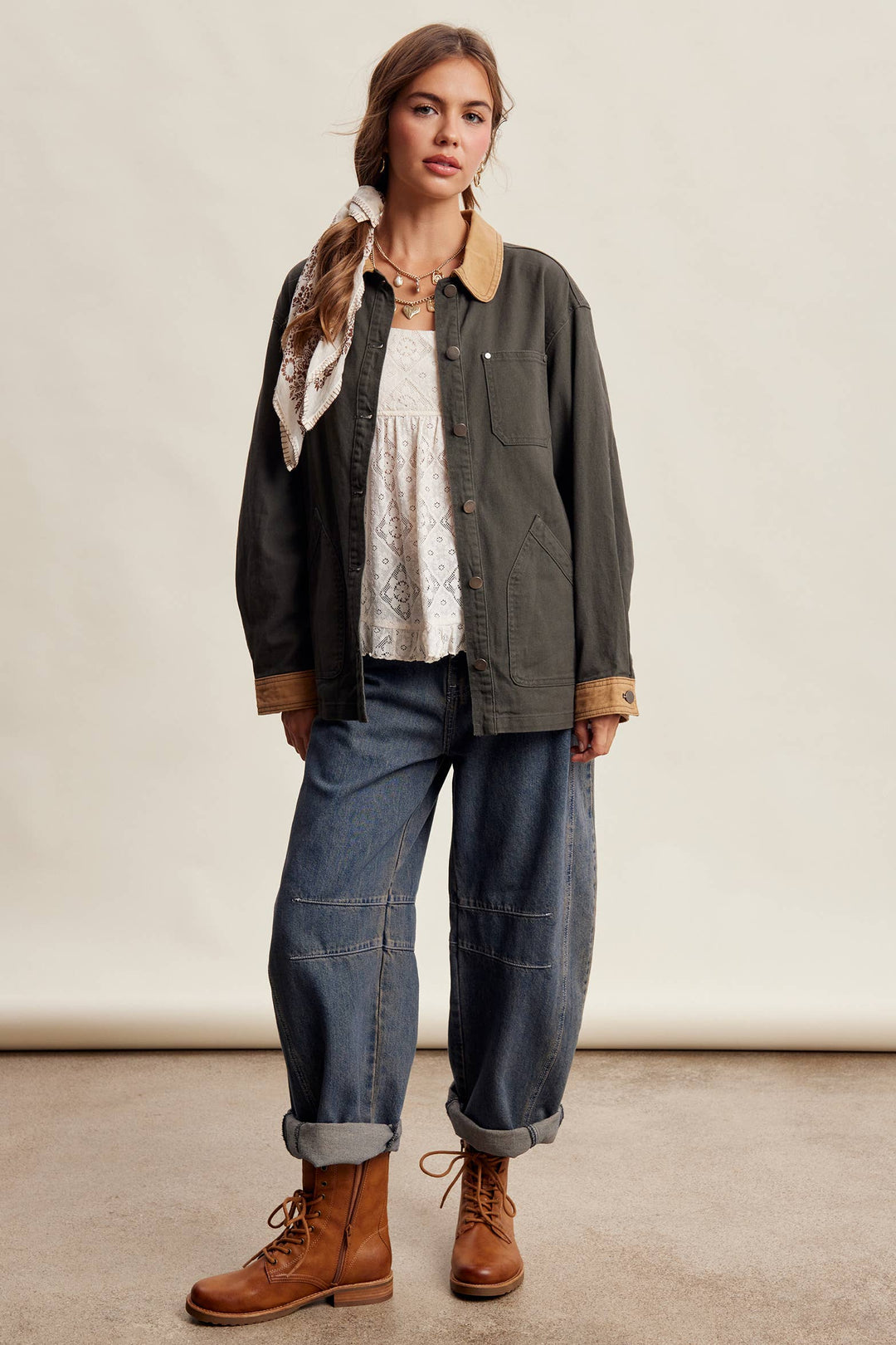 Listicle | Contrast Collar Utility Barn Jacket LJ0271