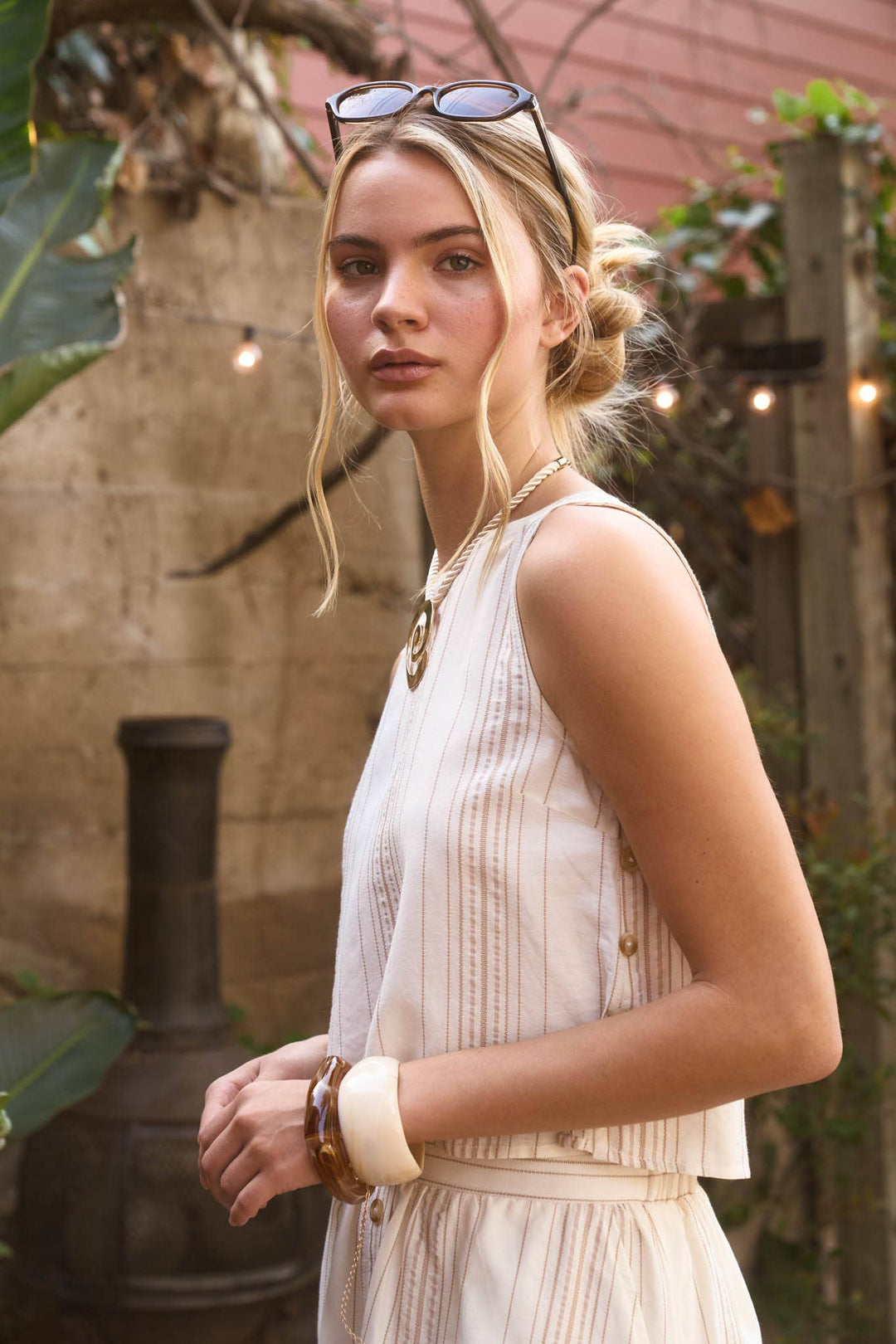Blu Pepper | Striped Sleeveless Side Button Detail Top