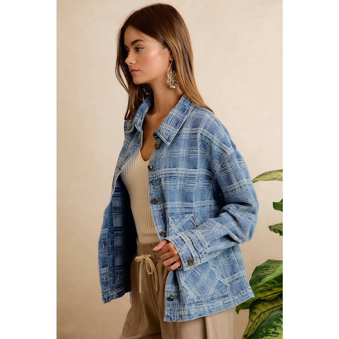 BiBi | Washed Plaid Patterned Denim Jacket With oversized Pockets