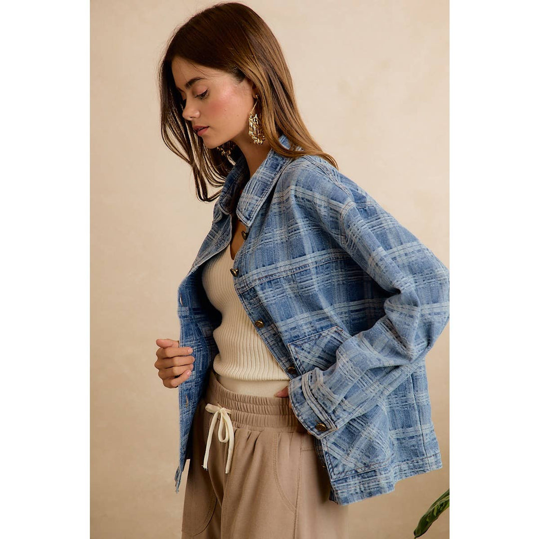 BiBi | Washed Plaid Patterned Denim Jacket With oversized Pockets