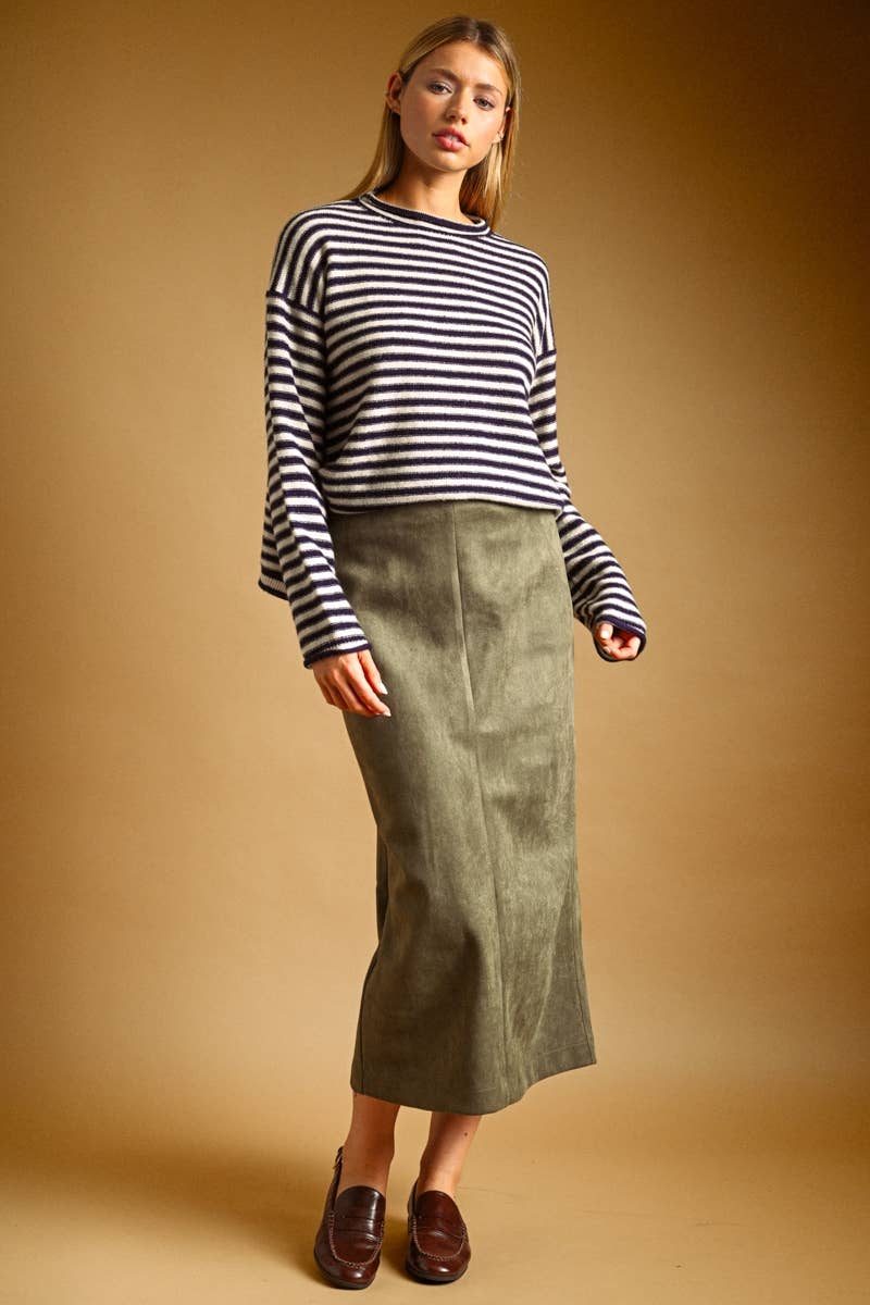 Miou Muse | Striped Pattern Rolled Neck Detail Top