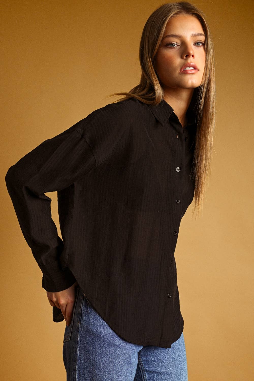 Miou Muse | Pin Striped Sheer Button Front Shirt