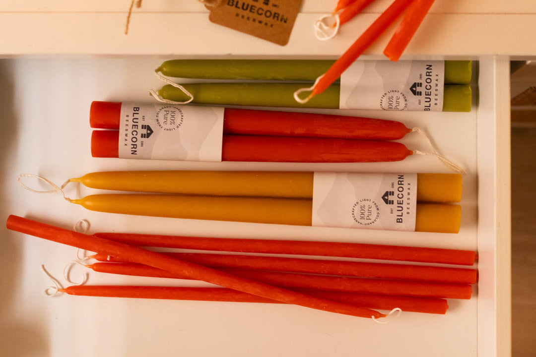 Bluecorn Candles | Thin Beeswax Taper Candles: Hand-Dipped in Colorado