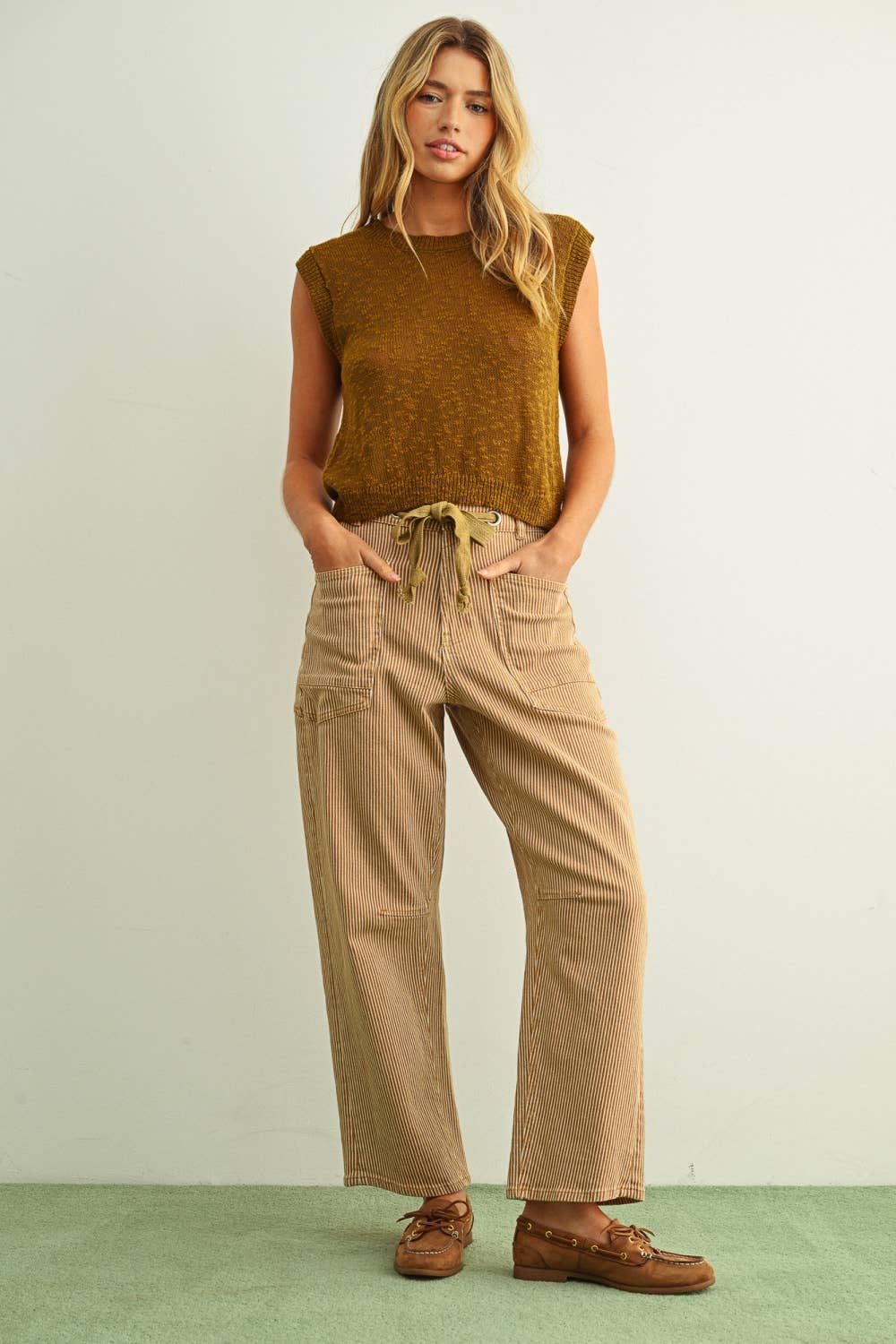 Miou Muse | Striped Pattern Washed Barrel Pants With Tie Belt