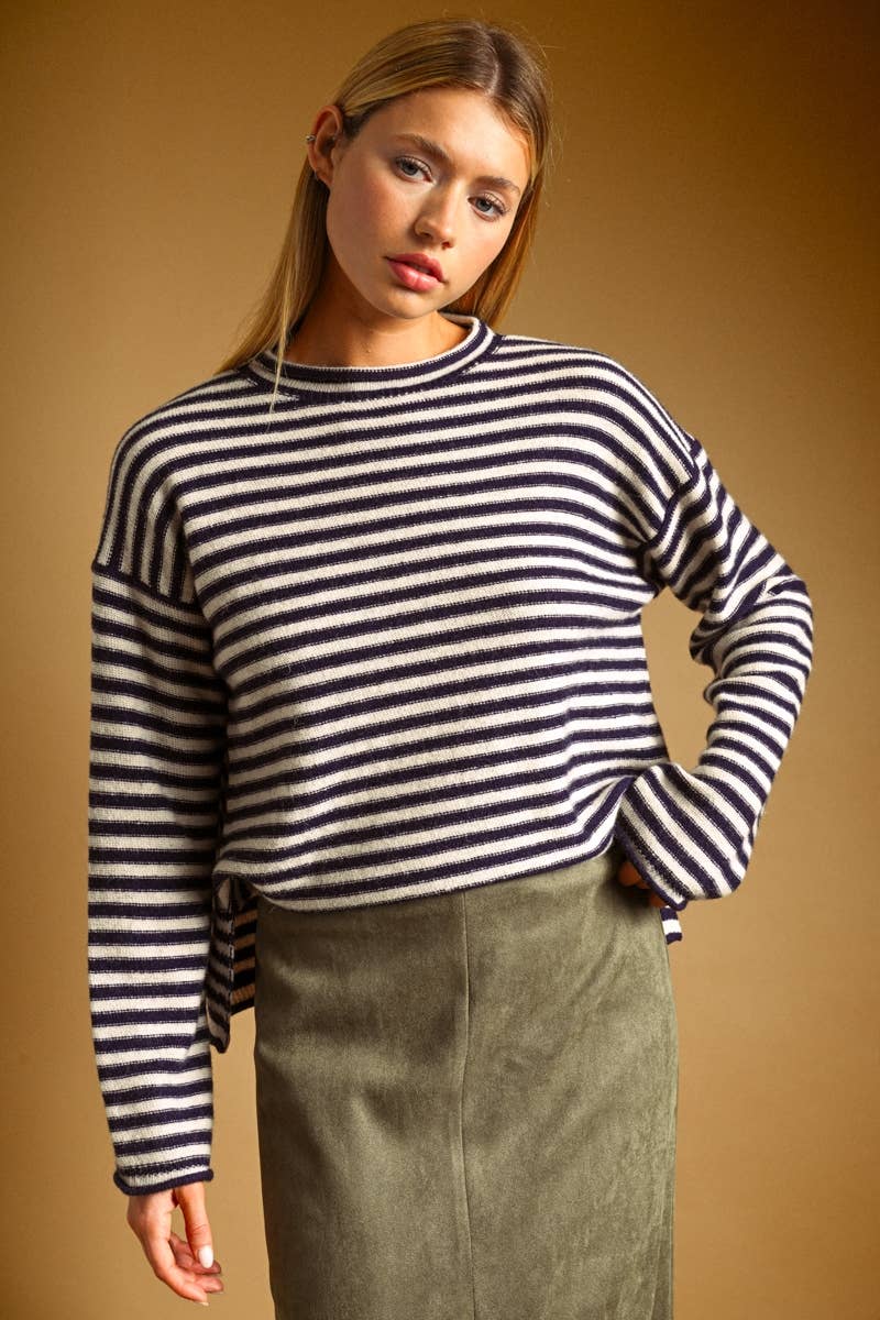 Miou Muse | Striped Pattern Rolled Neck Detail Top
