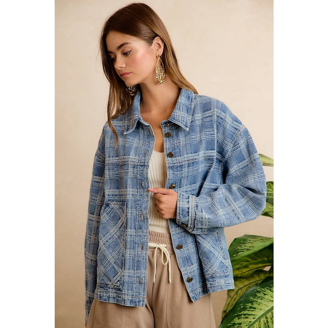 BiBi | Washed Plaid Patterned Denim Jacket With oversized Pockets