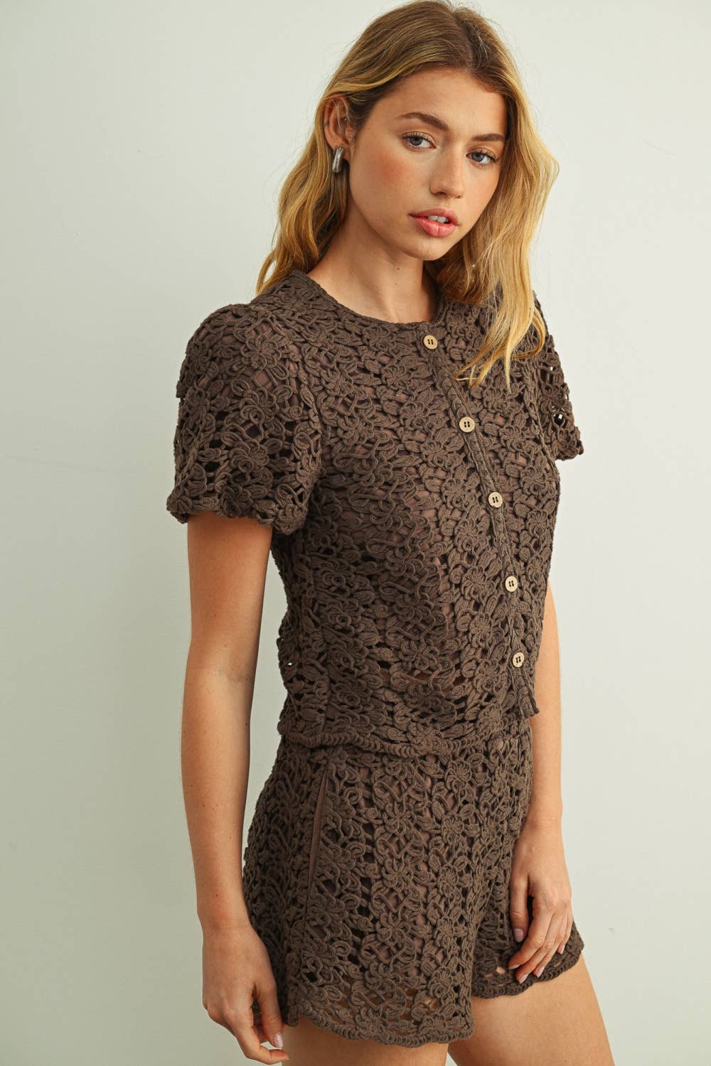 Miou Muse | Crochet Short Sleeve Button Front Top