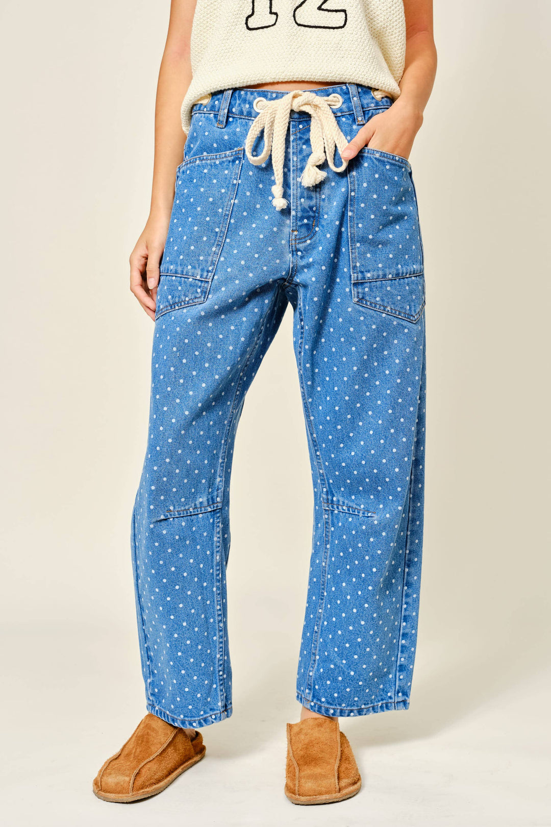Aaron and Amber | Polka Dot Denim Barrel Pants