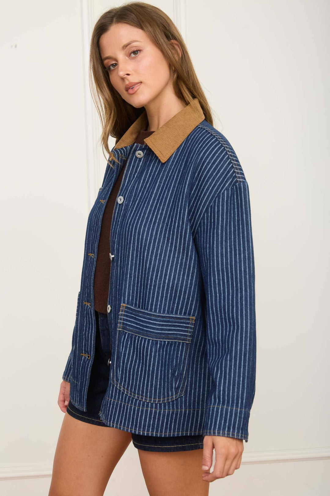 Blu Pepper | Stripe Corduroy Collar Denim Shacket