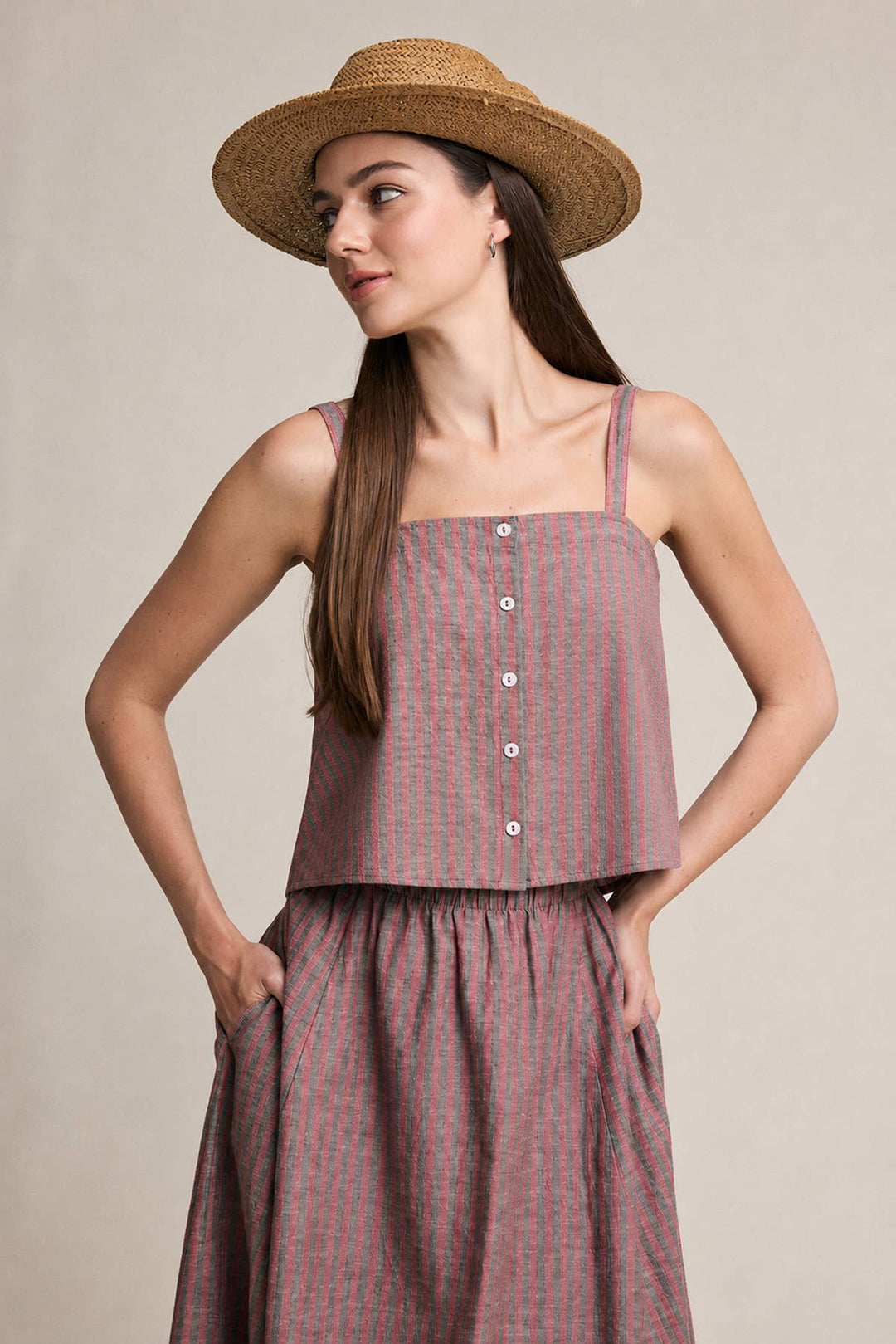 Raisonnel | Striped Linen Blend Button-Front Cami