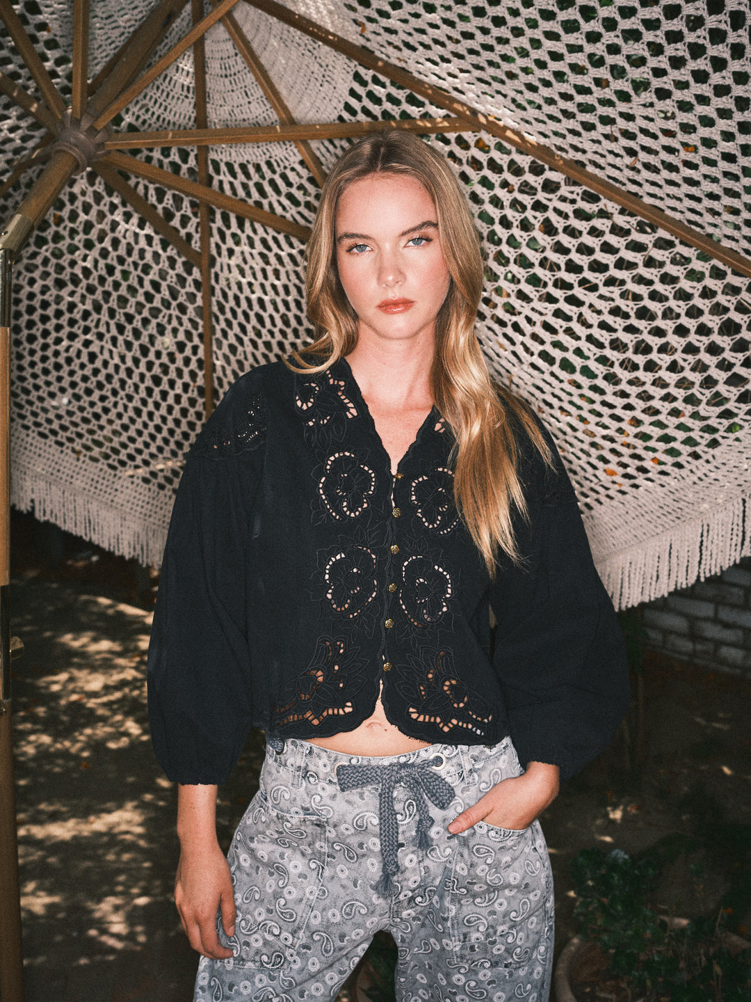 Aaron and Amber | Denim Embroidery Puff Sleeve Blouse