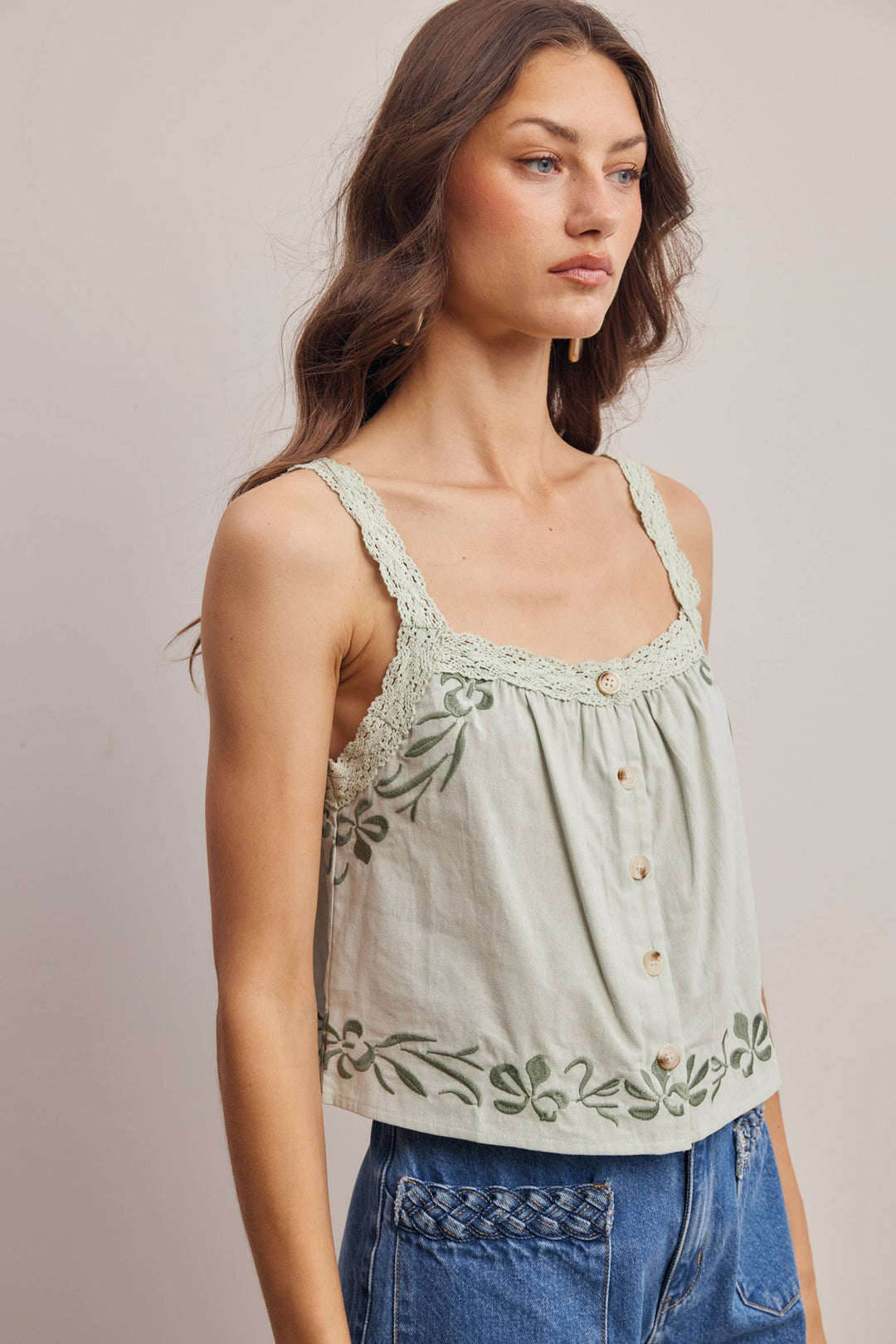 Forte | Embroidered Lace Trim Button Front Tank Top