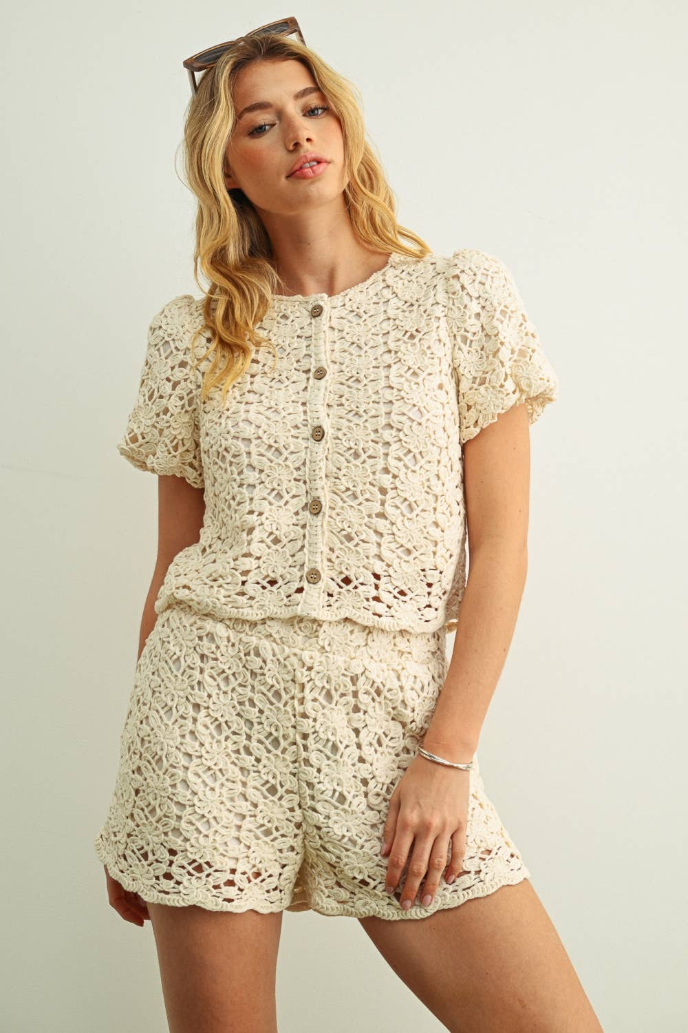 Miou Muse | Crochet Short Sleeve Button Front Top