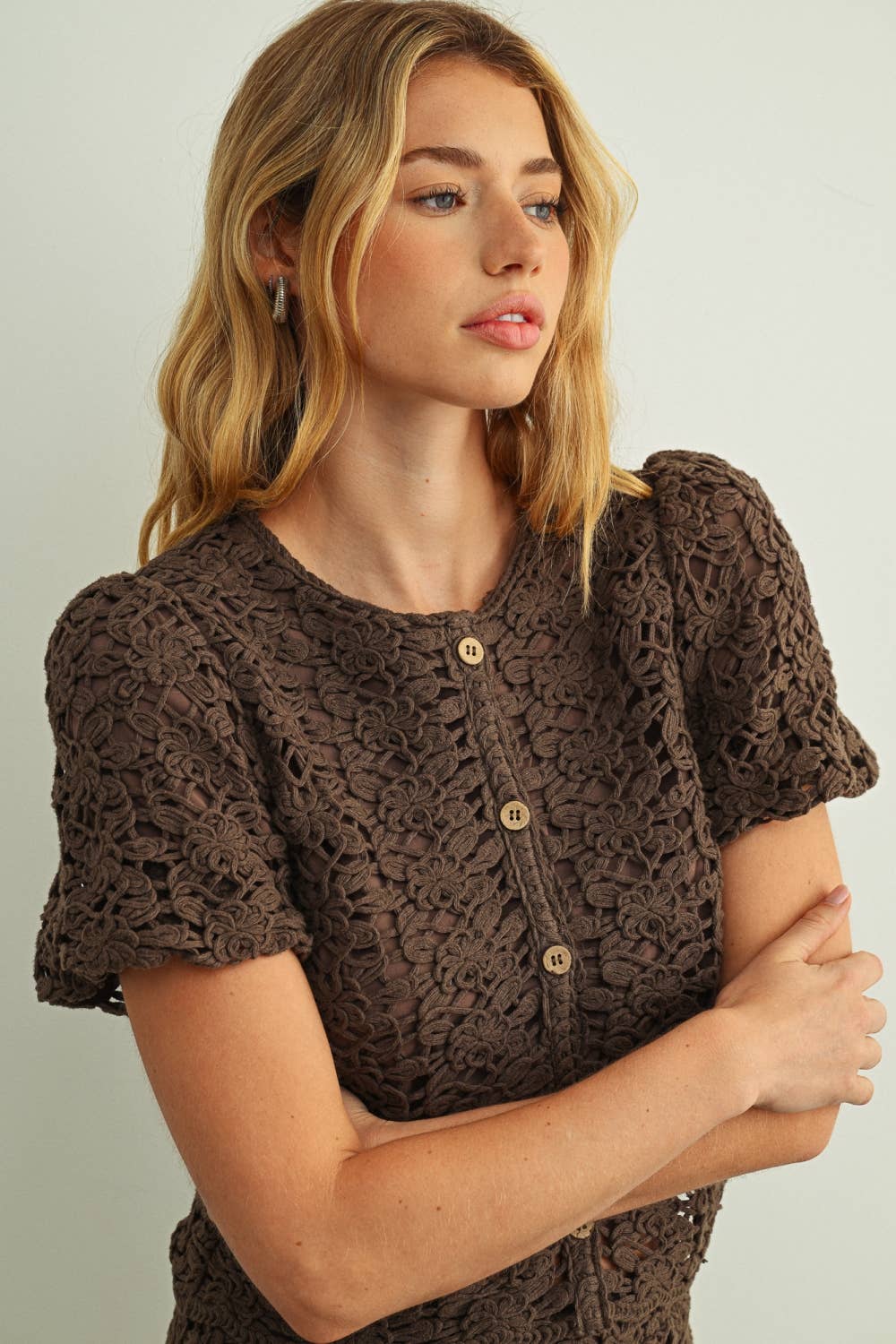 Miou Muse | Crochet Short Sleeve Button Front Top