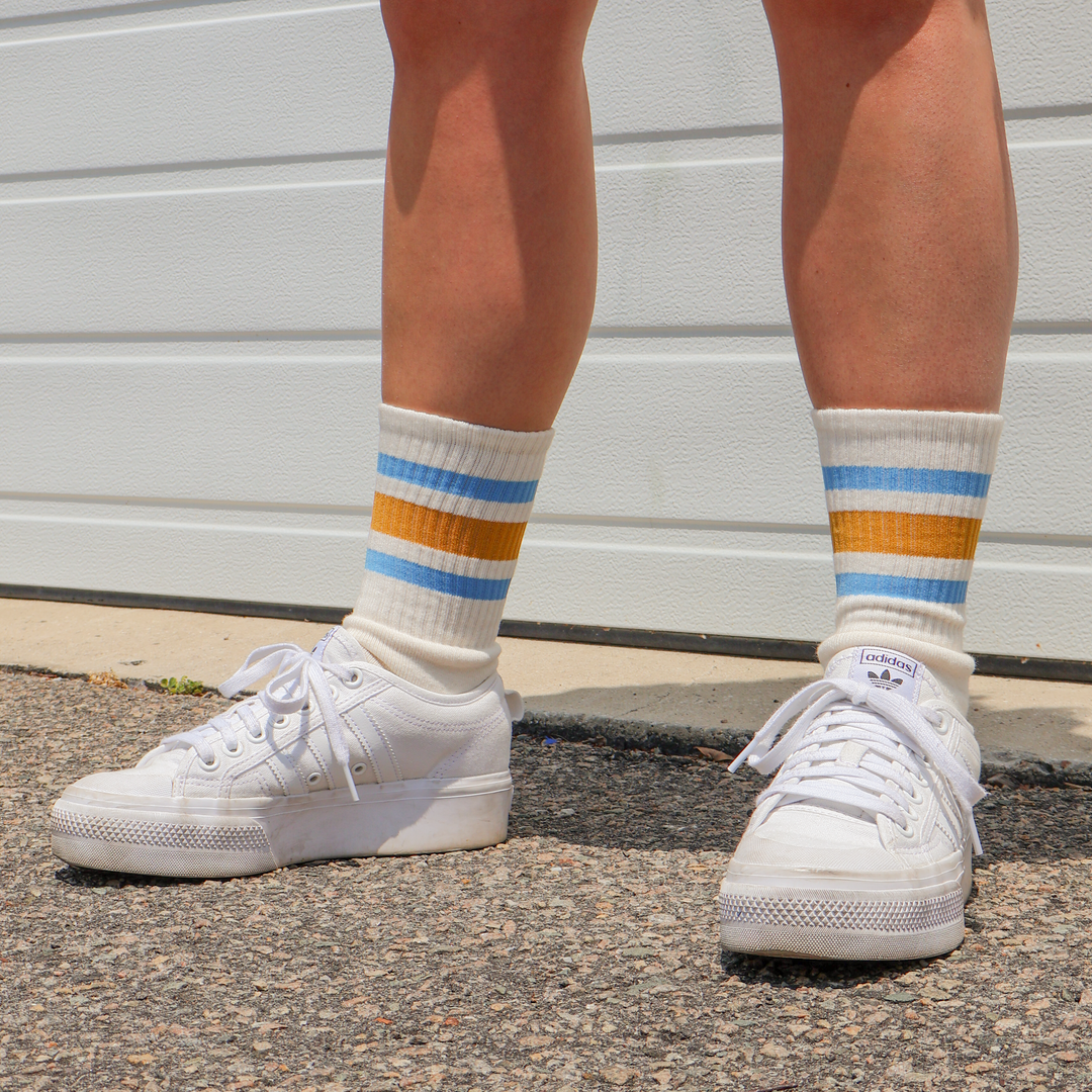 Socco | Columbia Blue & Brass Striped Crew Socks