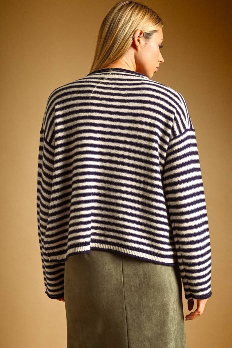 Miou Muse | Striped Pattern Rolled Neck Detail Top