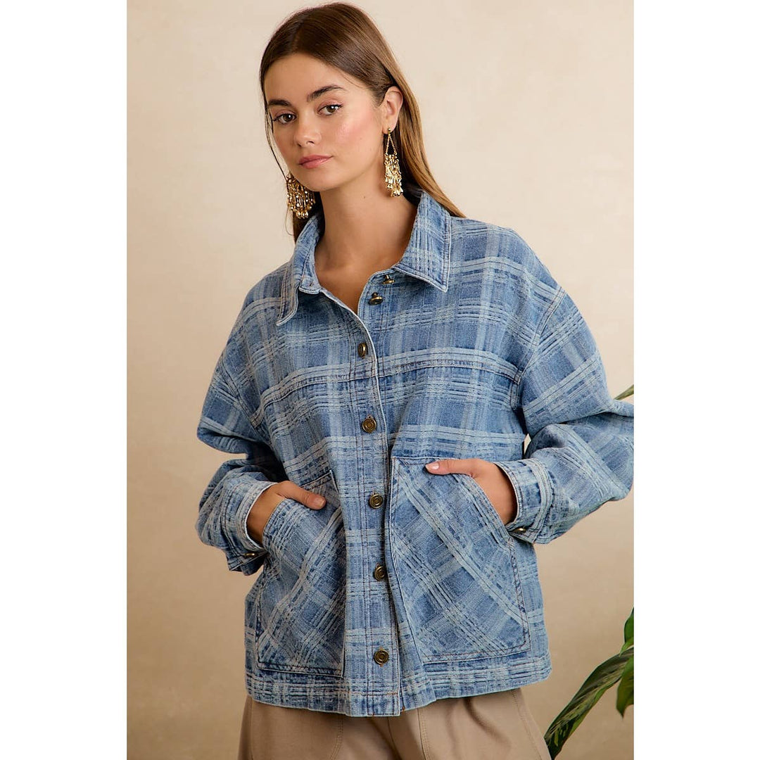 BiBi | Washed Plaid Patterned Denim Jacket With oversized Pockets