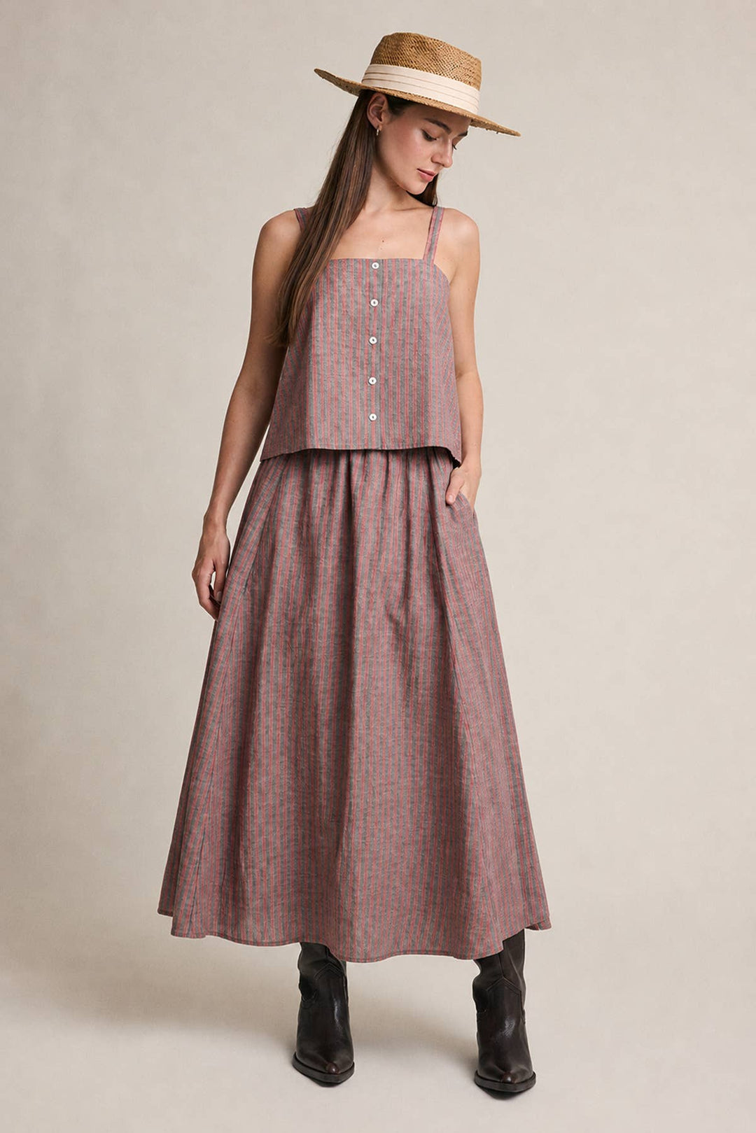 Raisonnel | Striped Linen Blend Midi Skirt