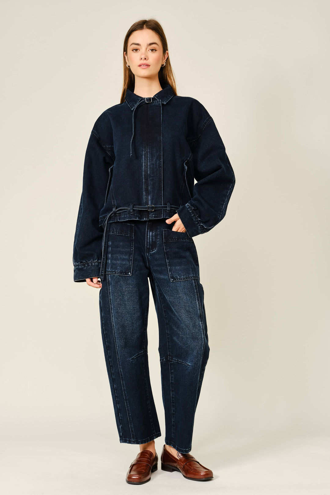 Aaron and Amber | Dark Wash Barrel Jeans