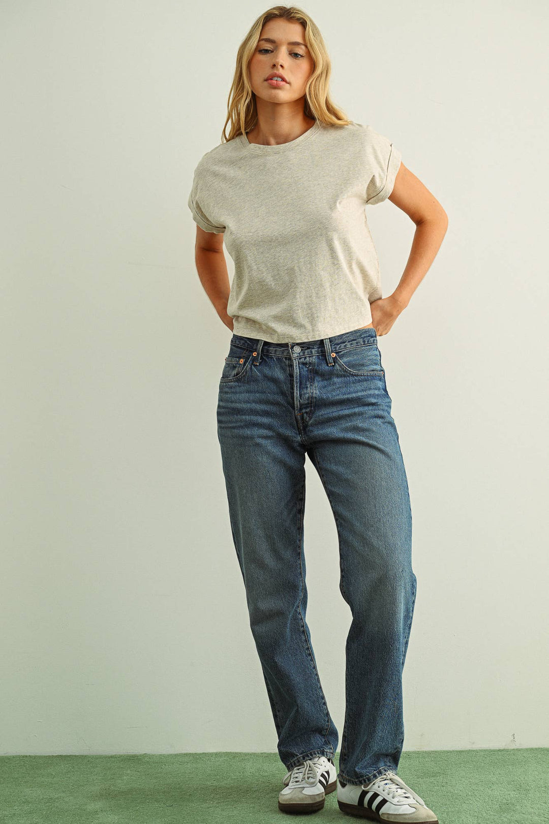Miou Muse | Round Neck Cuffed Sleeve Top