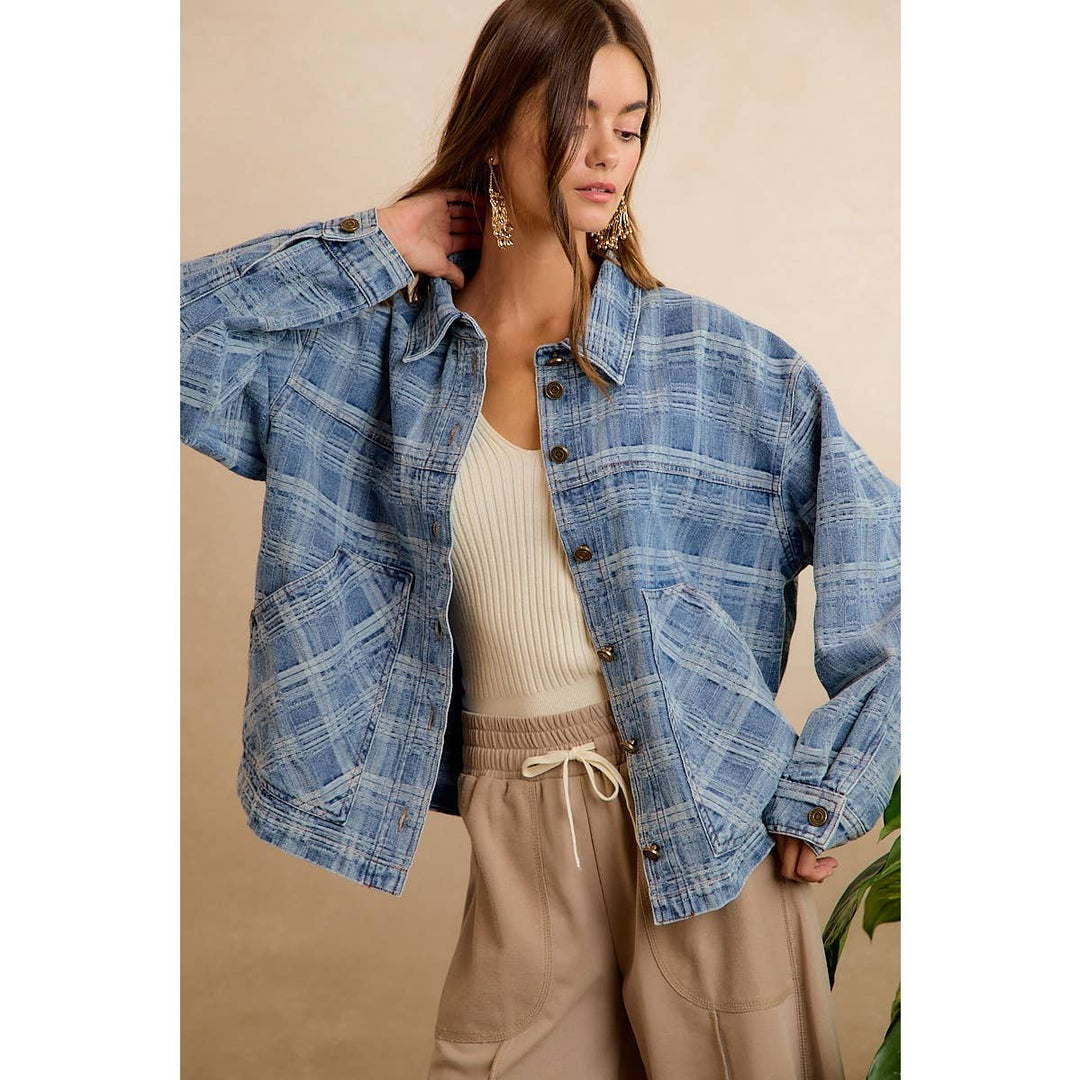 BiBi | Washed Plaid Patterned Denim Jacket With oversized Pockets