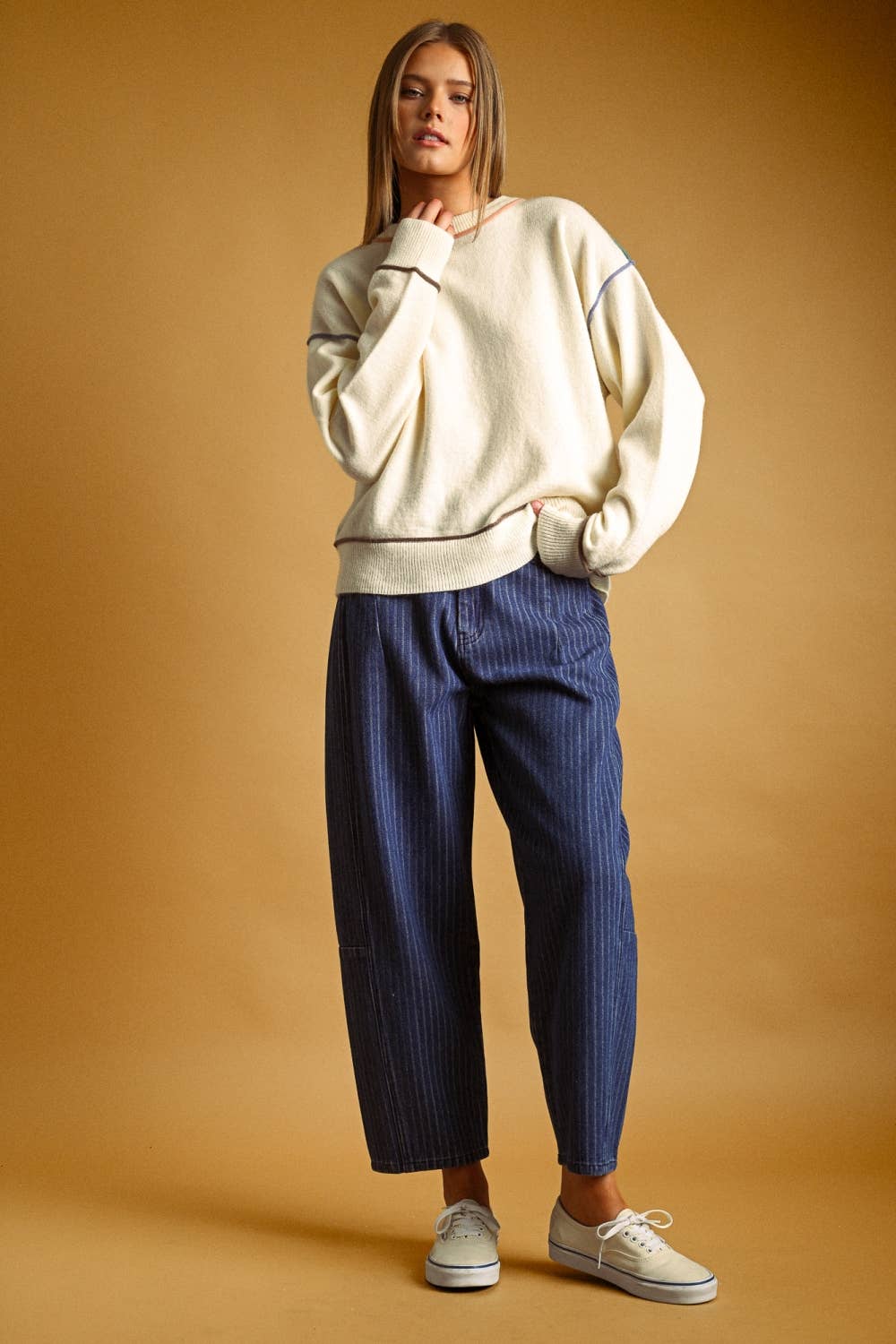 Miou Muse | Pinstriped Denim Barrel Pants