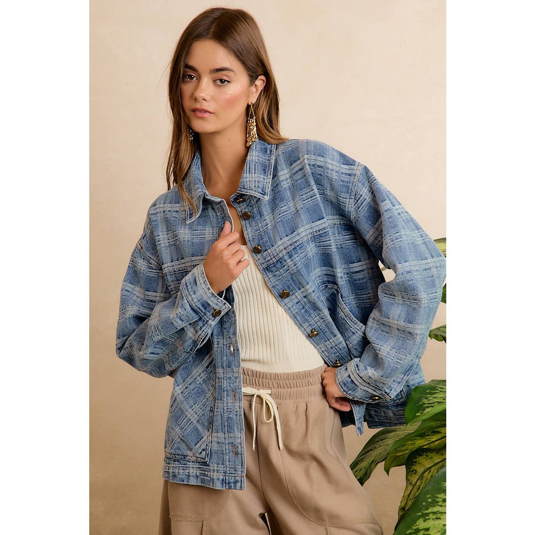 BiBi | Washed Plaid Patterned Denim Jacket With oversized Pockets
