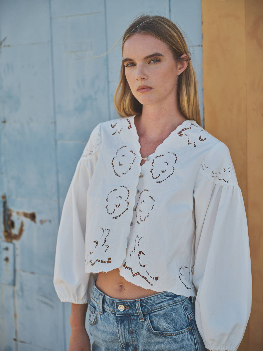 Aaron and Amber | Denim Embroidery Puff Sleeve Blouse