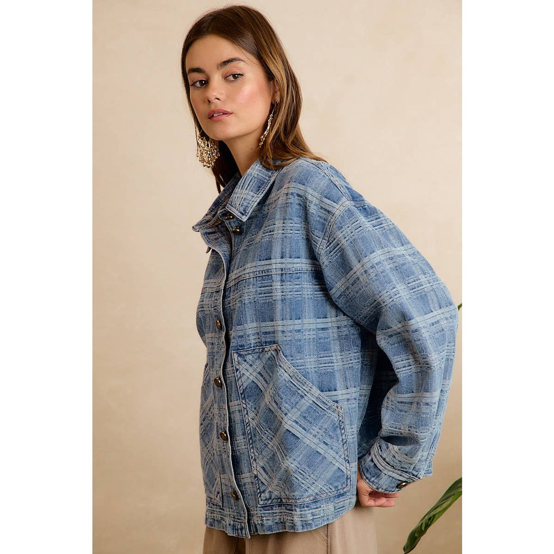 BiBi | Washed Plaid Patterned Denim Jacket With oversized Pockets