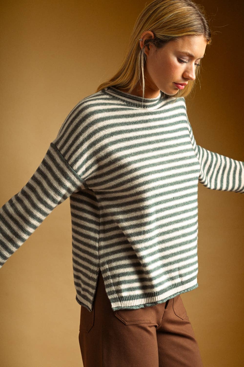 Miou Muse | Striped Pattern Rolled Neck Detail Top