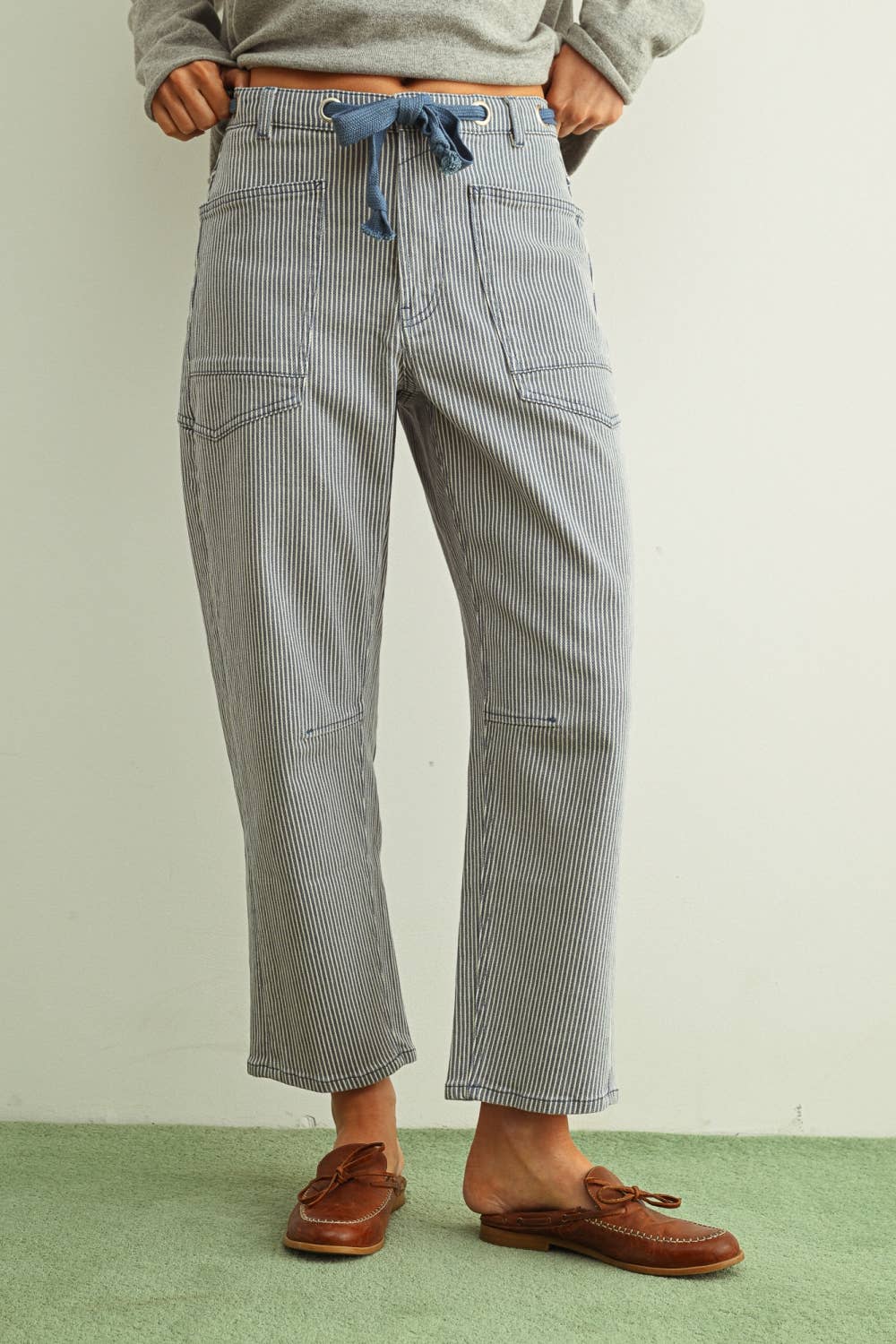 Miou Muse | Striped Pattern Washed Barrel Pants With Tie Belt