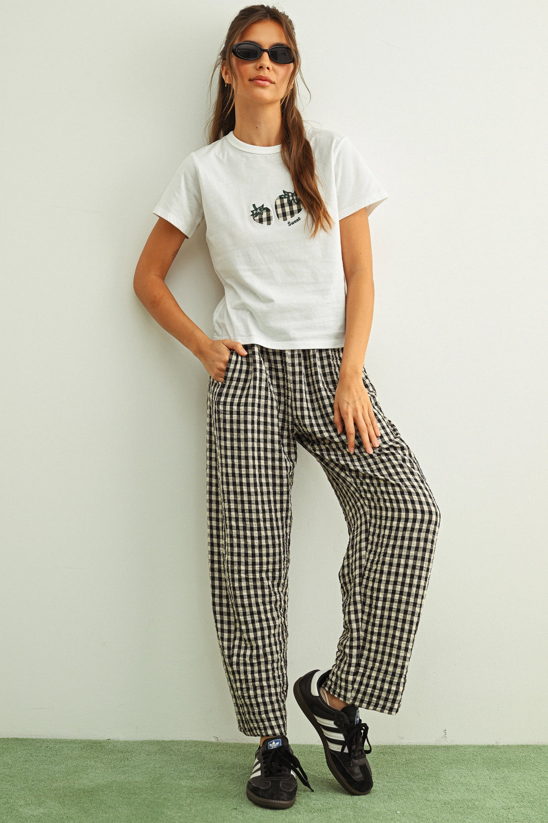 Miou Muse | Gingham Pattern Elastic Band Waist Pants