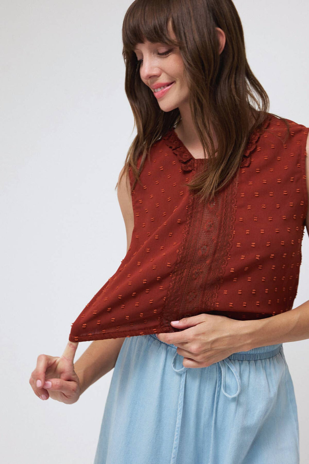 Lara Daisy | Square Neck Lace Trim Elastic Waist Blouse Top