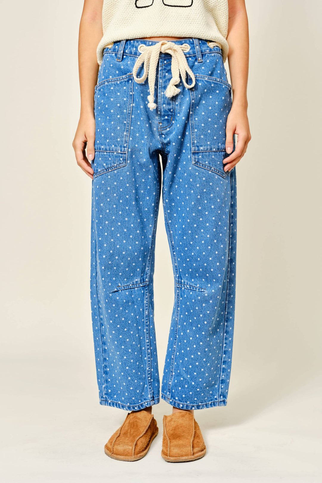 Aaron and Amber | Polka Dot Denim Barrel Pants