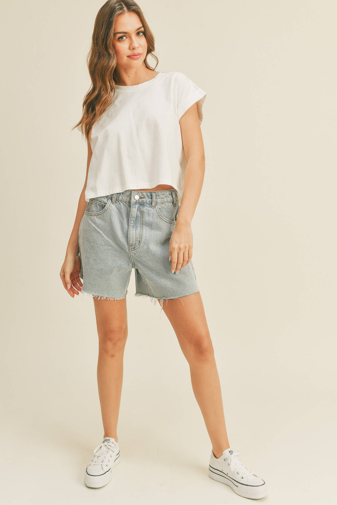 Miou Muse | Round Neck Cuffed Sleeve Top