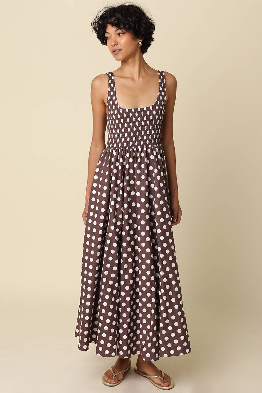 Olivaceous | Eileen Polka Dot Smock Maxi Dress